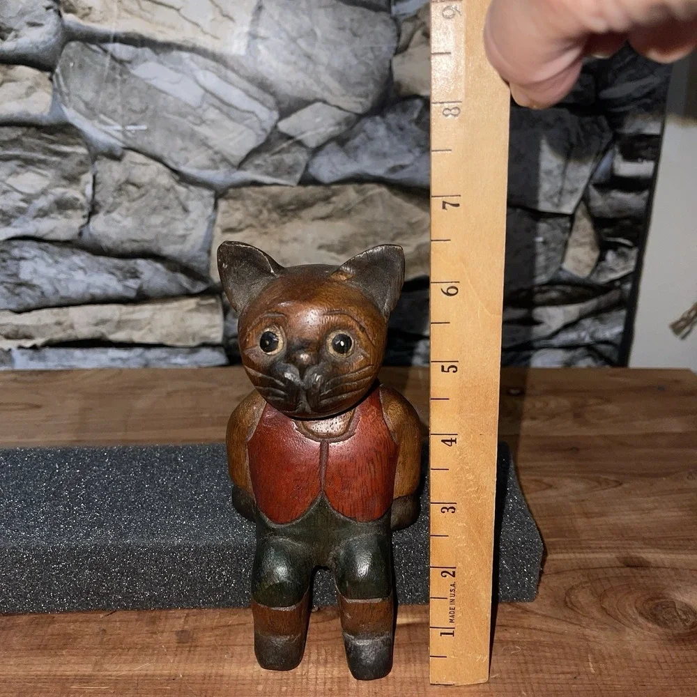 Hand Carved Wooden Cat Figurine Folk Art Vintage Shelf Sitter Hand Painted